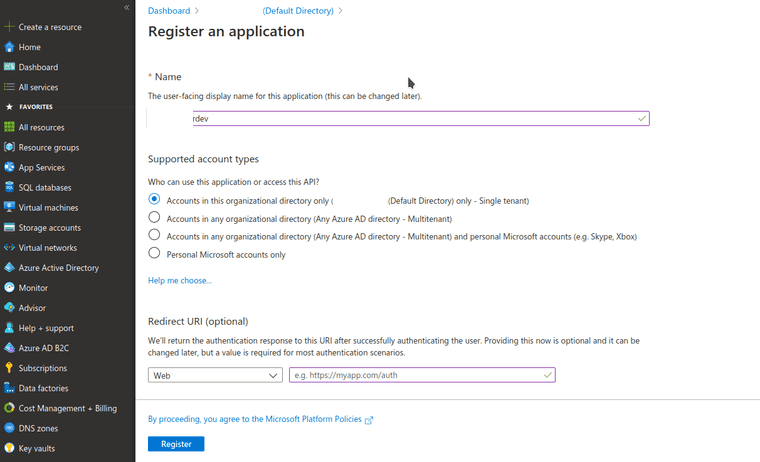 New Azure app registration